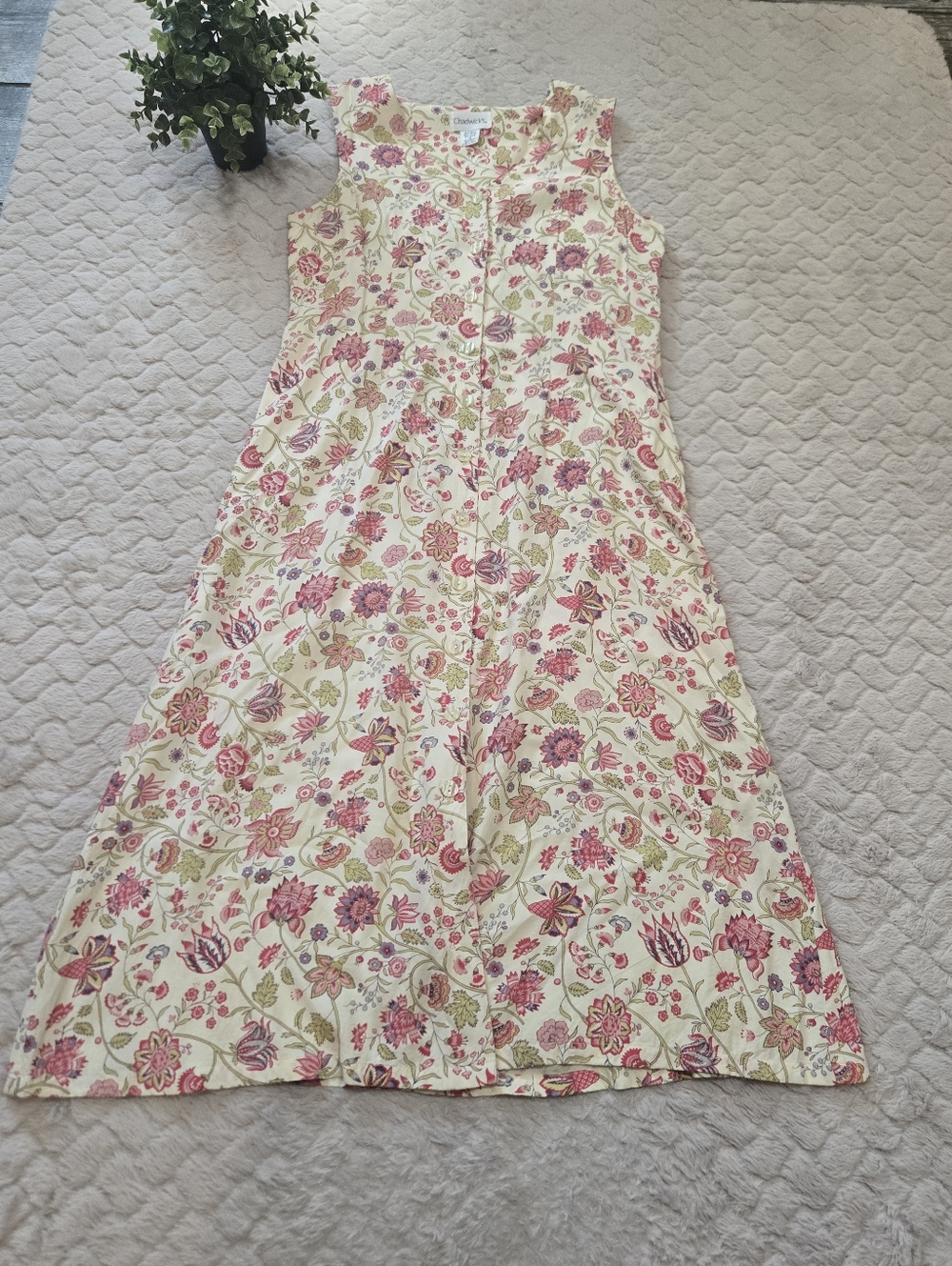 Chadwicks Cream Floral 90s Sleeveless Button-Front Cottagecore Maxi Dress, 12P